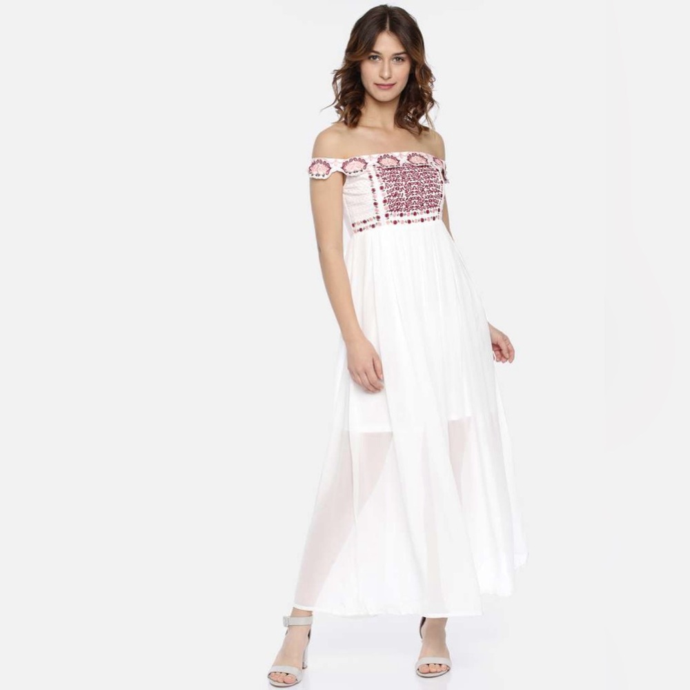 Code Embroidered Off Shoulder Maxi Dress